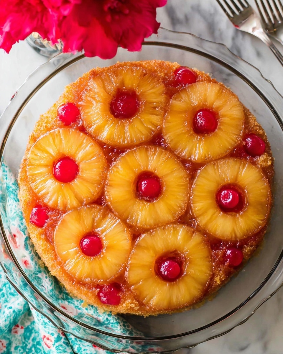 The image shows a round pineapple upside-down cake with a golden brown bottom layer topped with a bright yellow pineapple ring layer. Each pineapple ring has a shiny red cherry placed in its hole, evenly spaced on top. The cake sits on a clear glass plate with textured edges, placed on a blue cloth on a white marbled surface. The pineapple rings have a glossy texture, and the cake's golden layer can be seen slightly around the edges photo taken with an iphone --ar 4:5 --v 7