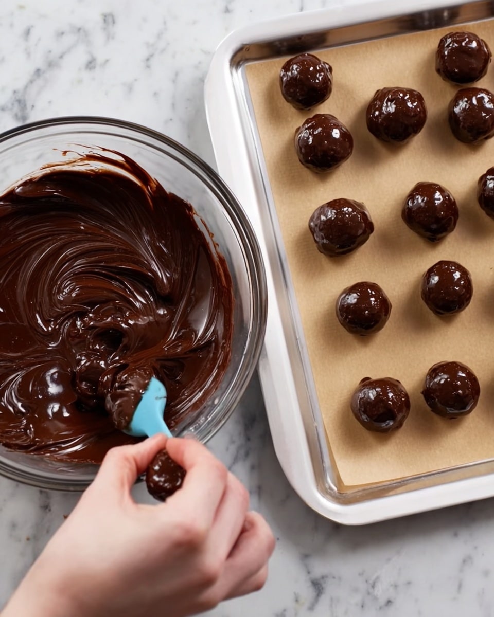 A clear glass bowl filled with smooth, dark brown melted chocolate, showing shiny swirls and thick texture. Next to it on the right side, a white baking tray lined with light brown parchment paper holds small round balls of the same glossy chocolate mixture, evenly spaced. A woman's hand with a blue tool is scooping or placing the chocolate balls onto the tray. The background is a white marbled surface. photo taken with an iphone --ar 4:5 --v 7