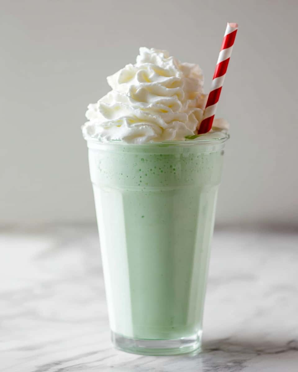 A clear tall glass filled with a light green drink containing ice cubes scattered throughout, topped with a large swirl of white whipped cream that reaches high above the rim of the glass, all set against a white marbled surface with a green cloth partially visible to the side. photo taken with an iphone --ar 4:5 --v 7
