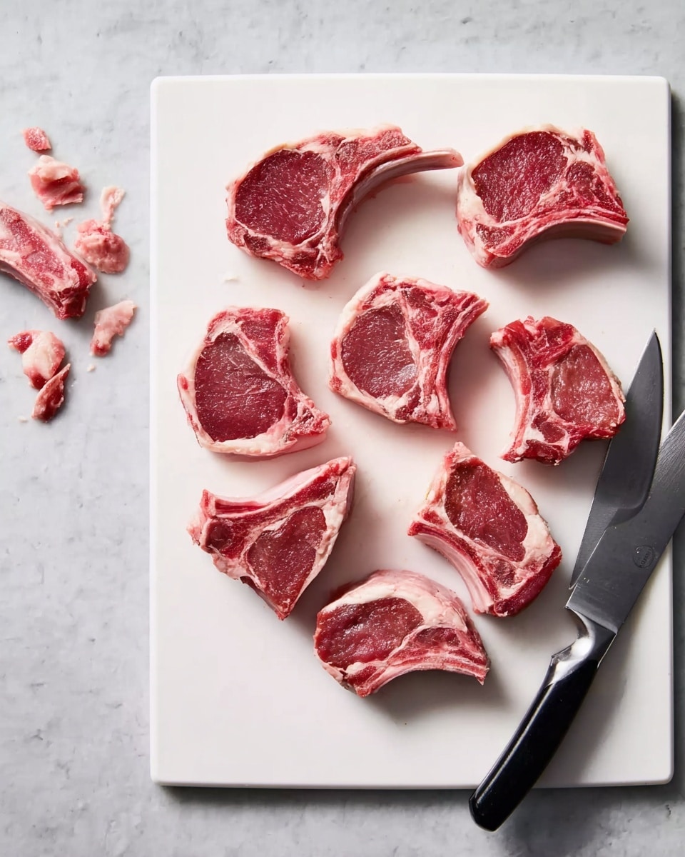 The image shows a white cutting board on a white marbled surface with eight raw lamb chops arranged unevenly across it. The lamb chops are red with white fat edges and have a marbled texture visible on the meat. A sharp kitchen knife with a black handle lies diagonally on the cutting board, with the tip pointing toward the top left corner. Small pieces of fat are scattered around the board, adding some texture to the scene. The lighting is bright, highlighting the freshness and color contrast of the meat and fat. photo taken with an iphone --ar 4:5 --v 7