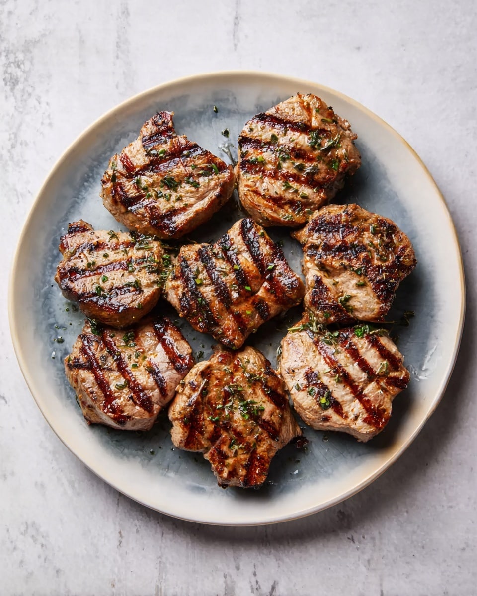 A white plate filled with eight grilled meat pieces arranged in a round shape. Each piece has visible grill marks with a mix of golden brown and darker charred lines. The meat shows a slightly rough texture with some herbs scattered on top. The plate sits on a white marbled surface. photo taken with an iphone --ar 4:5 --v 7