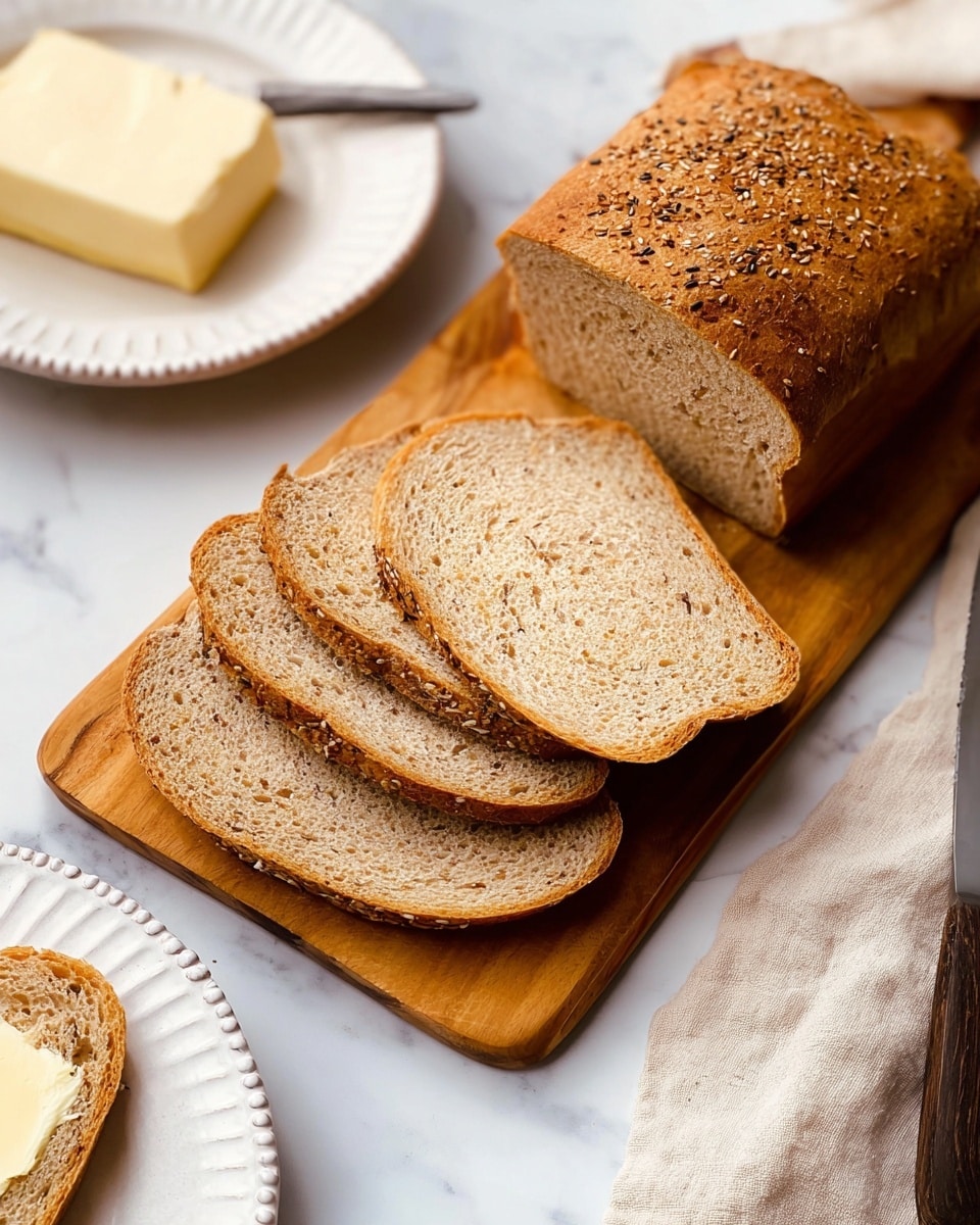 A loaf of bread with a golden-brown crust covered in small seeds lies on a dark wooden cutting board with a metal handle. Three even slices of the same bread, showing a soft, light brown interior with small air holes, are placed on the top left of the board. A silver serrated knife is positioned on the top right side of the cutting board. The background has a white marbled texture. photo taken with an iphone --ar 4:5 --v 7