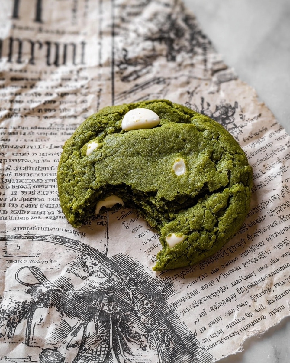 The image shows several round green cookies, each with scattered white chocolate chips on the surface. The cookies have a soft, slightly wrinkled texture and vary in size with some showing light browning. One cookie in the center has a bite taken out of it, revealing more of its green interior. They are arranged loosely on a piece of transparent plastic that covers a sheet of paper with black printed text. The overall setting has a clean, minimalist look with a soft light enhancing the texture of the cookies. photo taken with an iphone --ar 4:5 --v 7