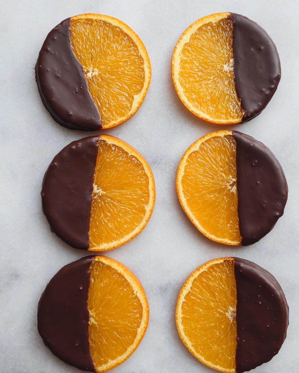 Six thin orange slices are arranged in two vertical columns on a white marbled surface. Each slice is covered halfway with dark chocolate, shiny and smooth with slight texture bumps. The bright orange side shows a juicy, translucent texture with visible segments, while the chocolate side has a rich, dark brown color and a gentle curved edge where it meets the orange. The slices are evenly spaced in a neat pattern. photo taken with an iphone --ar 4:5 --v 7