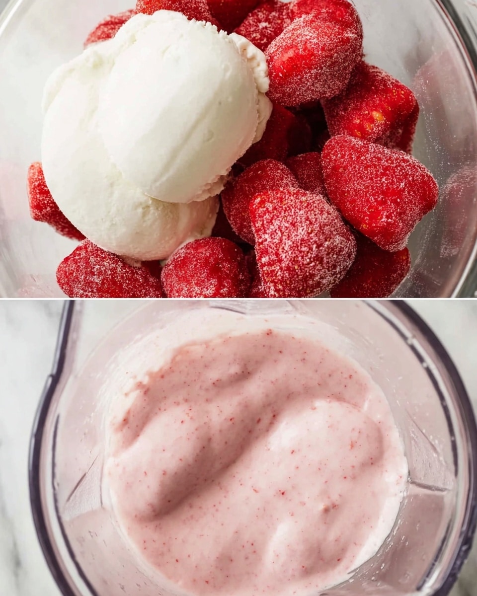 The image shows two layers in one vertical frame. The top layer is a close-up of a glass bowl filled with whole frozen strawberries on one side, bright red with a frosty texture, and two large scoops of white vanilla ice cream on the other side, creamy and smooth. The bottom layer is a close-up of a glass blender container filled with a thick, smooth light pink strawberry mixture with tiny red specks, showing a creamy texture. The background is a white marbled texture. Photo taken with an iphone --ar 4:5 --v 7