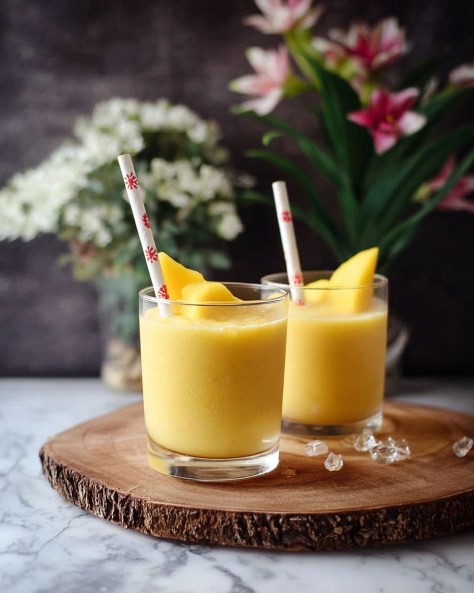 A clear glass filled with a smooth yellow mango smoothie has three thin yellow mango slice pieces placed on one side of the surface and a sprinkle of light brown powder on the top right side. A white straw with red hearts is placed in the smoothie on the right side. A woman's hand is holding the glass from the bottom. In the background, there is a green orchid leaf with a cluster of white and pink orchid flowers extending over the top left corner. The entire scene is set on a white marbled surface. photo taken with an iphone --ar 4:5 --v 7