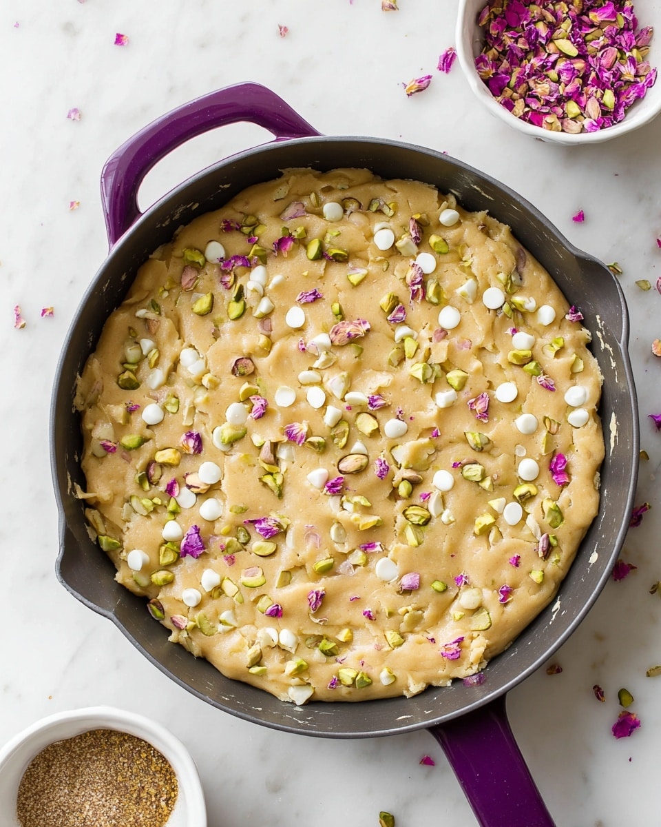 A thick, even layer of pale golden cookie dough fills a dark skillet with a purple handle, spread out flat and studded throughout with bright green pistachios and small white chocolate drops. Scattered tiny pink rose petals add small pops of color on top of the dough. Around the skillet, on a white marbled surface, sit two white bowls, one filled with pink rose petals and the other with a mix of spices or seasoning. The whole composition is bright and soft, captured from above with natural light. photo taken with an iphone --ar 4:5 --v 7