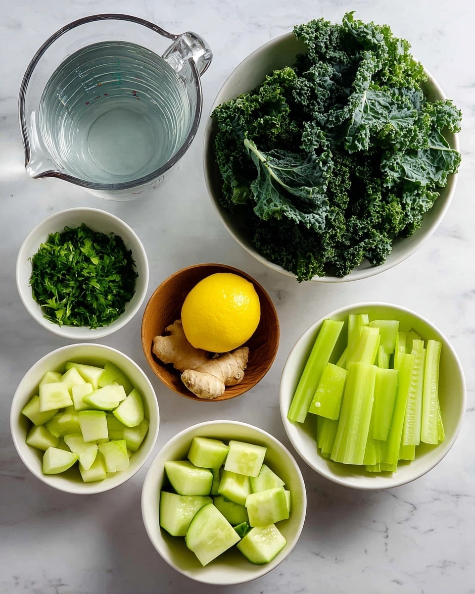 A clear glass measuring cup filled with water is placed on a white marbled surface in the upper left corner. Next to it on the right is a white bowl filled with fresh, dark green kale leaves showing a textured and curly surface. Below the glass cup is a small white bowl filled with fresh flat parsley leaves, bright green and leafy. In the center is a halved lemon with bright yellow, juicy flesh, placed just below a small wooden bowl holding a piece of pale yellow ginger. To the right of the lemon is a white bowl holding sliced cucumber pieces, each showing a deep green skin with pale green interiors. At the bottom left is another white bowl filled with cubed green apple chunks, showing a lightly shiny, crisp texture. Lastly, in the bottom right corner is a white bowl full of chopped celery sticks, pale green with firm texture. All items are arranged neatly and clearly on the white marbled surface photo taken with an iphone --ar 4:5 --v 7