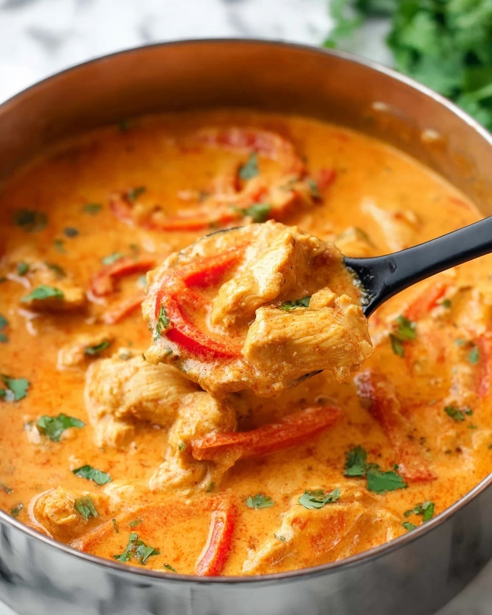 A close-up view of a creamy orange curry in a metal pot, filled with several layers of soft chicken pieces and thin strips of red bell pepper, all coated in a rich, smooth sauce with visible small green cilantro leaves scattered on top. A black spoon lifts a scoop of the thick curry showing the texture of the sauce and the chunks of chicken and peppers clearly. The background is a white marbled surface with a hint of green herbs blurred in the distance. Photo taken with an iphone --ar 4:5 --v 7