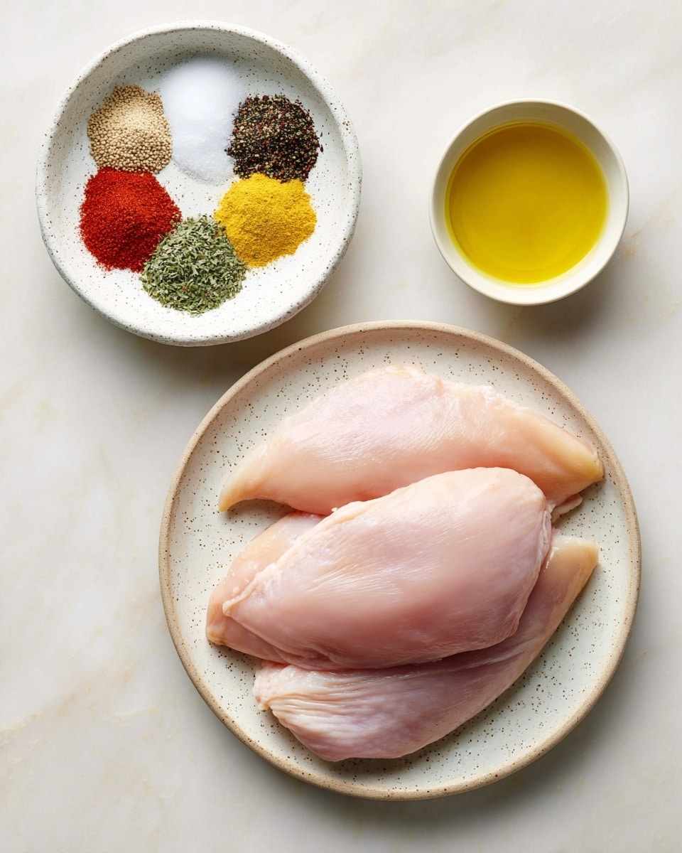 The image shows three raw chicken pieces stacked on a white speckled plate, each pale pink with smooth texture. Above this plate, a small white speckled bowl holds eight neatly arranged piles of spices in a circle: red chili powder, black pepper, salt, white powder, light yellow powder, dried green herbs, and two more yellow powders. To the right of the spice bowl, there is a small white bowl filled with clear yellow oil. All items are placed on a white marbled surface. Photo taken with an iphone --ar 4:5 --v 7