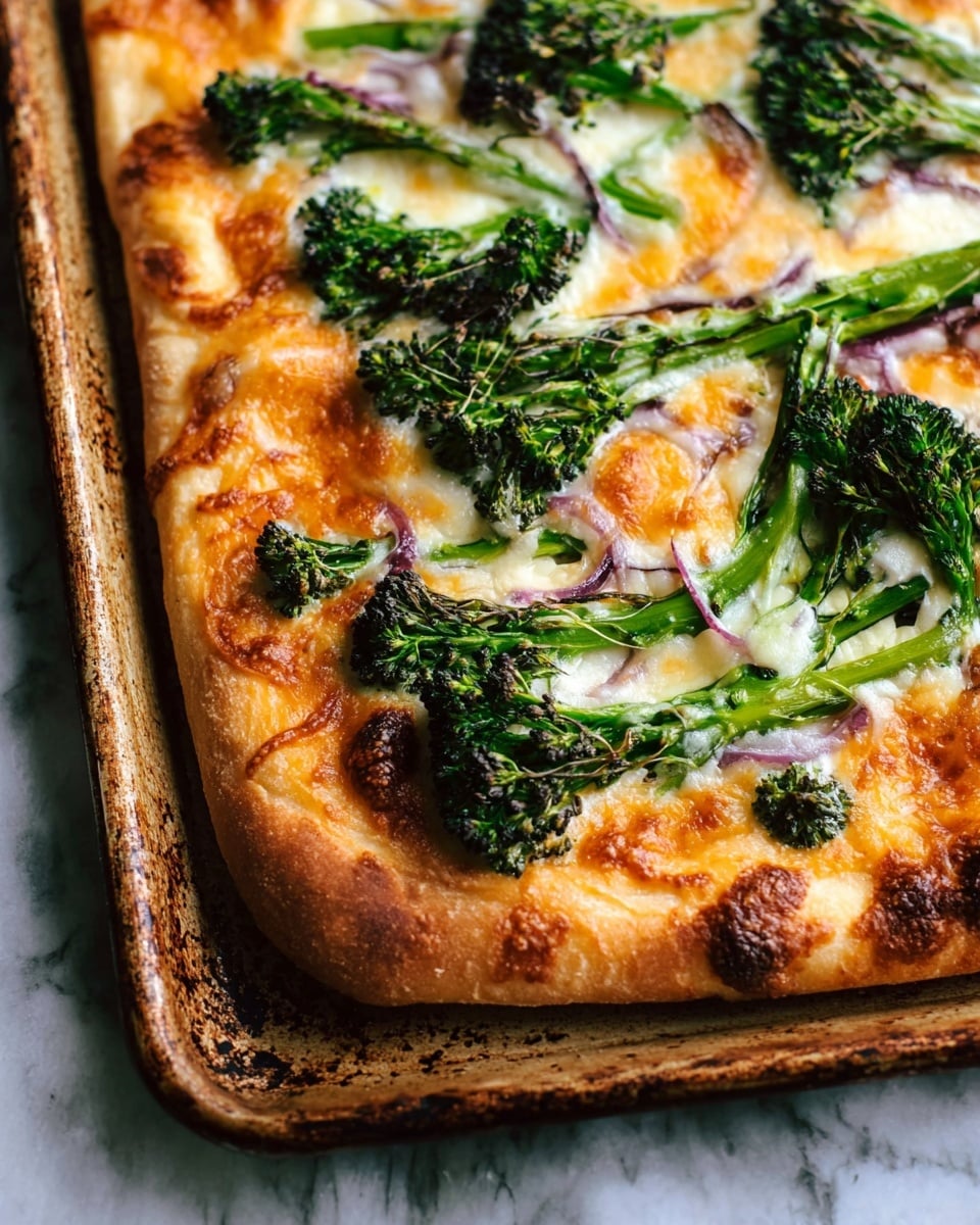 The image shows a rectangular pizza on a well-used baking tray with a golden-brown crust. The pizza has a white cheese layer melted evenly across the surface with some light browning spots. On top, there are bright green broccolini pieces placed in a scattered pattern, along with dark green leafy vegetables adding texture. Thin slices of purple onion are also visible, peeking through the cheese and greens. The baking tray sits on a white marbled surface. photo taken with an iphone --ar 4:5 --v 7