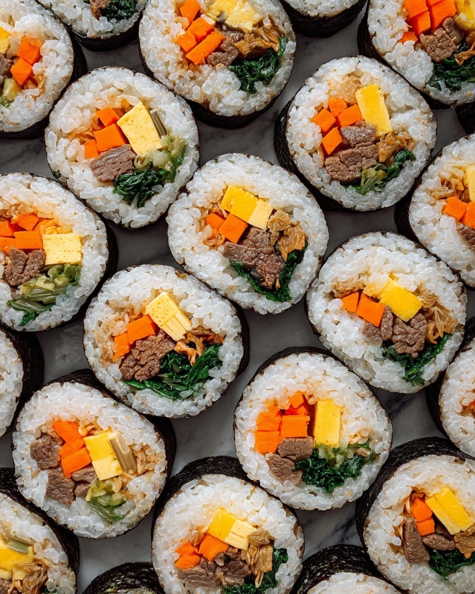 A white plate is filled with stacked round sushi rolls wrapped in dark seaweed sprinkled with sesame seeds. Each roll has layers from outside to inside: shiny dark seaweed, white sticky rice, and inside fillings of bright orange carrot pieces, dark green leafy vegetable, yellow pickled radish, and small pieces of light brown cooked meat. A woman's hand with wooden chopsticks is holding one sushi roll above the plate, showing its cross-section clearly. The scene is set on a white marbled surface with blurred green side dishes in white bowls in the background. photo taken with an iphone --ar 4:5 --v 7