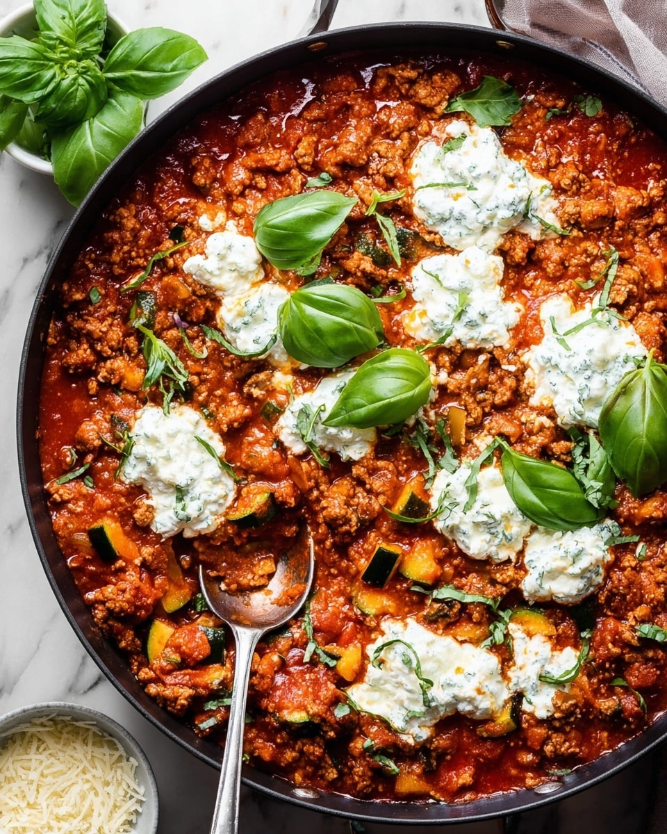 A close-up view of a large black skillet filled with a thick, rich red tomato sauce mixed with small pieces of ground meat and chopped green zucchini scattered throughout. On top of this base layer, dollops of white ricotta cheese mixed with green herbs are spread unevenly, creating soft, creamy mounds. Fresh bright green basil leaves are placed on top as a garnish, adding a pop of color. A silver spoon rests inside the skillet, holding a portion of the dish. The skillet lies on a white marbled surface with a small white bowl of grated cheese and fresh basil leaves nearby. Photo taken with an iphone --ar 4:5 --v 7