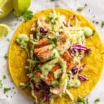 Salmon Fish Tacos with Avocado Crema and Coleslaw Recipe