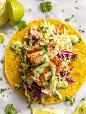 Salmon Fish Tacos with Avocado Crema and Coleslaw Recipe