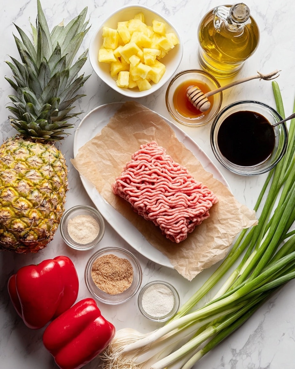 A white plate holds a layer of light pink raw ground meat with a wavy, textured surface on brown paper, placed on a white marbled background. To the left, there is a half pineapple with bright yellow flesh and green spiky leaves. Above the meat, a small white bowl filled with yellow pineapple chunks sits. Next to it is a clear bottle of golden oil, and to the right, two large red bell peppers with shiny skin. Nearby, a glass bowl filled with dark soy sauce and a small glass bowl with amber honey and a wooden honey dipper rest close together. A small container of thick red paste is next to a bottle labeled