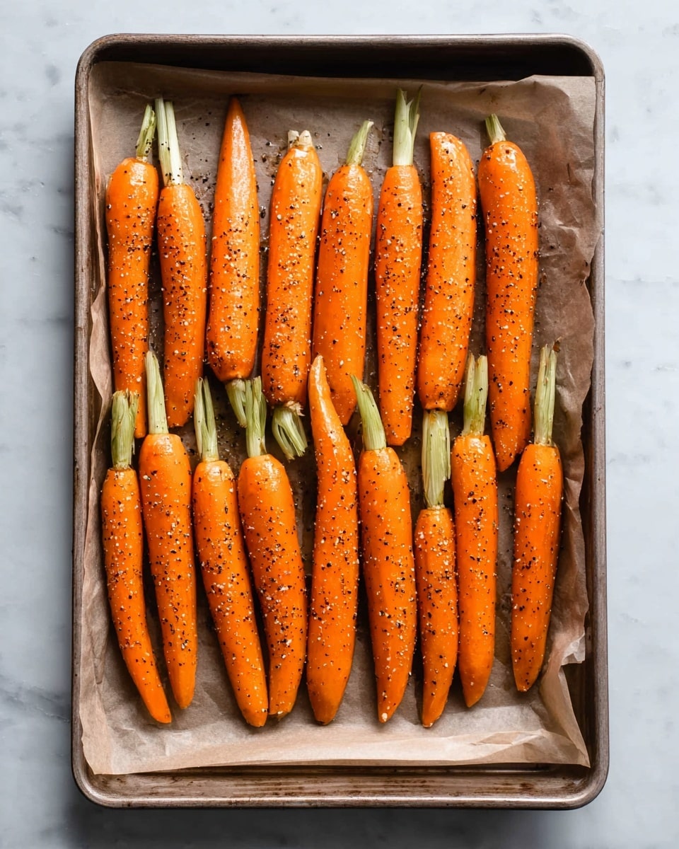 A baking tray lined with brown parchment paper holds two rows of whole carrots, each with a light green stem attached. The carrots are bright orange with a smooth texture, coated in a light layer of oil and speckled evenly with coarse black pepper and seasoning. The tray sits on a white marbled surface, making the orange carrots stand out clearly. The carrots are neatly arranged, lying horizontally and parallel to each other, showing the contrast between their glossy surface and the rough seasoning. photo taken with an iphone --ar 4:5 --v 7