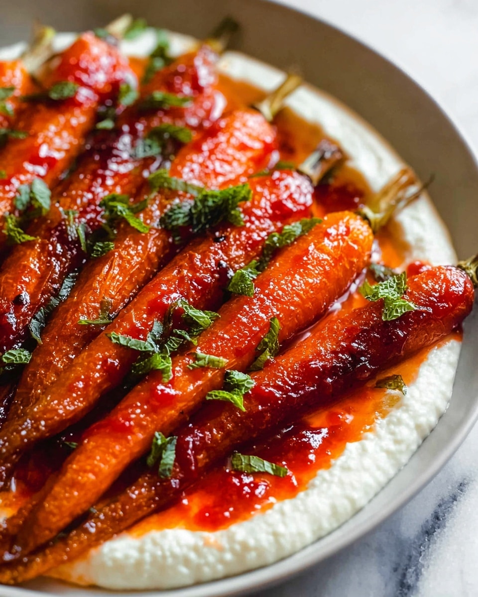 This image shows a white plate filled with about eight long roasted carrots that have a rich, shiny, orange glaze with some red sauce on top. The carrots are arranged close together and look tender with a slightly caramelized texture. They lie on a thick, creamy white base spread evenly on the plate. Small green herb leaves are sprinkled on top of the carrots and sauce, adding pops of color. The plate is placed on a white marbled surface. photo taken with an iphone --ar 4:5 --v 7