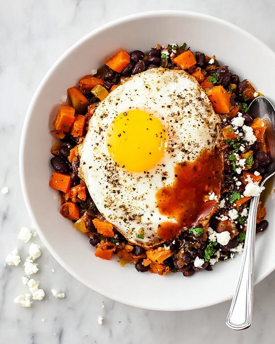 A white bowl filled with a colorful mix of black beans, orange sweet potato cubes, and green herbs making a textured base layer. On top of this is a sunny-side-up egg with a bright yellow yolk and white edges, sprinkled with black pepper. A reddish-brown sauce is spooned over part of the beans and sweet potatoes under the egg. There are small white cheese crumbles scattered on the dish and around the bowl. The bowl sits on a white marbled surface with a silver spoon placed vertically inside the bowl on the right side. Photo taken with an iphone --ar 4:5 --v 7