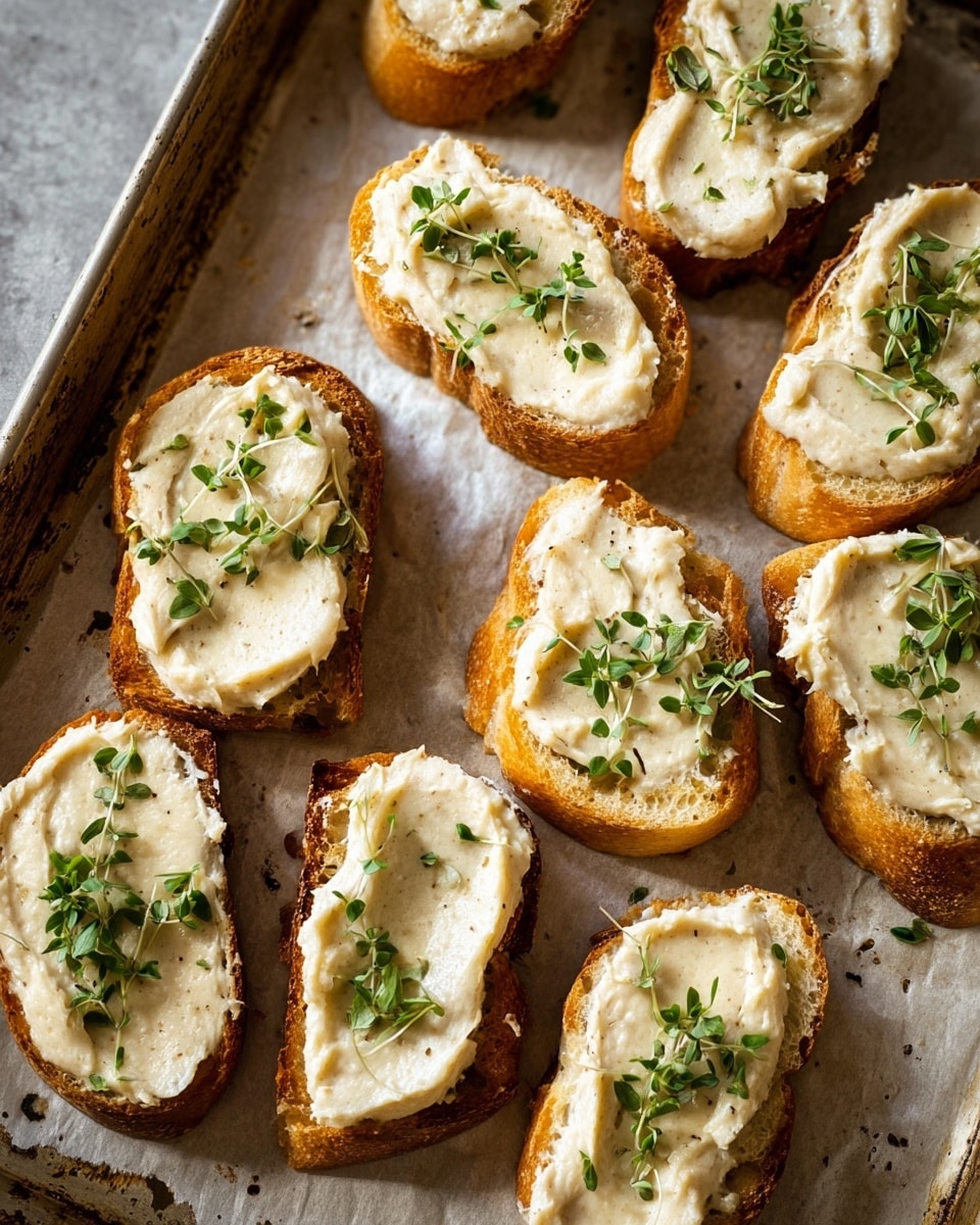 The image shows a baking tray lined with parchment paper holding eleven pieces of toasted bread slices. Each toast slice is topped with one thick, creamy layer of pale beige spread that looks smooth and soft. The spread is garnished with fresh small green herb leaves lightly scattered on top. The edges of the golden toasted bread look crunchy and slightly browned, giving a contrast to the creamy topping. The tray and parchment paper show some natural light reflections and slight texture that highlights the fresh and homemade feel of the dish. photo taken with an iphone --ar 4:5 --v 7