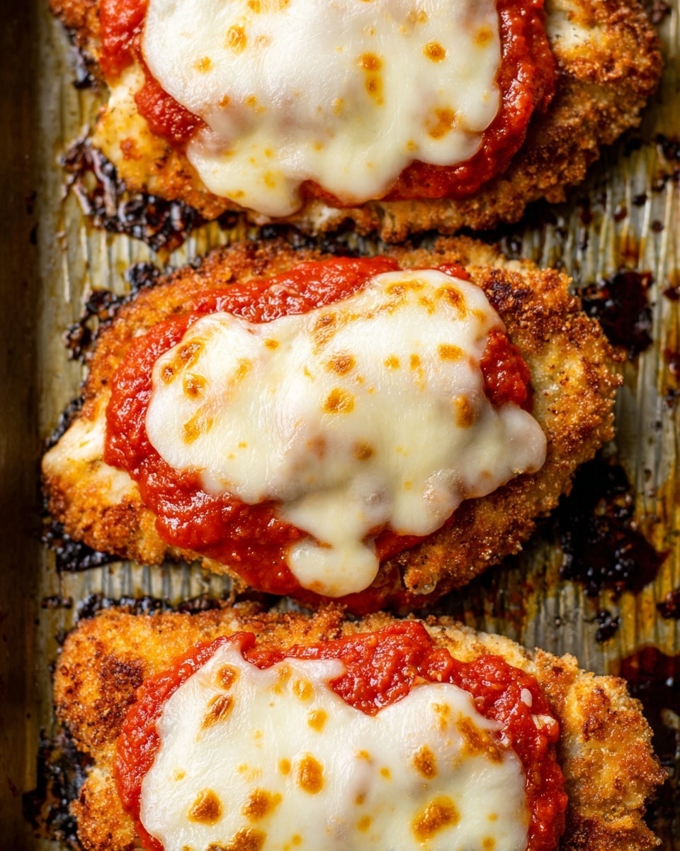 The image shows three pieces of breaded and fried chicken cutlets arranged vertically on a metal tray with ridges. Each piece has a layer of bright red tomato sauce spread on top, followed by a layer of melted white mozzarella cheese that looks soft and slightly stretchy. The edges of the chicken are golden brown and crispy, contrasting with the smooth, shiny sauce and creamy cheese. The tray underneath has dark browned spots with some oily residue, showing the food was baked or cooked thoroughly. The close-up view highlights the texture of the crust and the melted cheese. Photo taken with an iphone --ar 4:5 --v 7