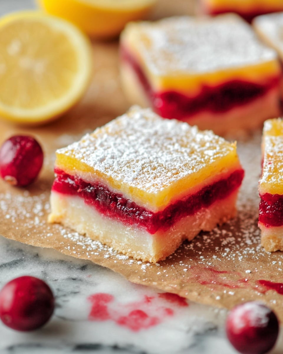 The image shows a close-up of square dessert bars with three layers: a light pale crust at the bottom, a bright red berry layer in the middle, and a smooth yellow layer on top. Each bar is dusted with white powdered sugar. The bars are placed on brown parchment paper with some red berry juice stains, on a white marbled surface. Around the bars, there are whole red berries and two yellow lemon halves slightly out of focus in the background. The texture of each layer is clear and distinct, showing soft, juicy, and crumbly parts. photo taken with an iphone --ar 4:5 --v 7