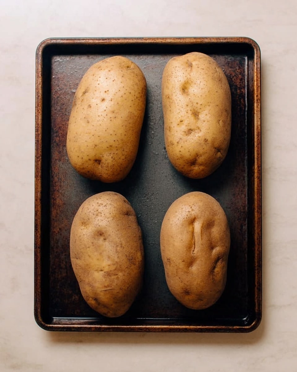 The image shows four whole brown potatoes placed side by side on a dark metal baking tray. The potatoes have a rough, natural skin with some small spots and slightly uneven shapes, ranging from round to more elongated. The tray is centered on a white marbled surface, creating a clean background that highlights the earthy tones of the potatoes and tray. The lighting is soft, evenly illuminating the potatoes and allowing their textures to be clearly visible. photo taken with an iphone --ar 4:5 --v 7