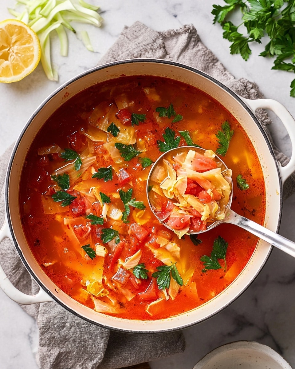 A white pot filled with light orange broth soup layered with diced cabbage in pale yellow, bright red tomato chunks, and small pieces of orange carrots, some fresh herbs floating on top. A silver ladle lifts a scoop showing the chunky vegetables clearly. Below, there are two beige speckled bowls filled with the same soup, one with a silver spoon inside and the other garnished with fresh green parsley and a piece of torn bread on the top edge. Around the bowls are broken bread pieces, silver spoons, fresh green parsley leaves, and a lemon slice, all set on a white marbled surface. photo taken with an iphone --ar 4:5 --v 7