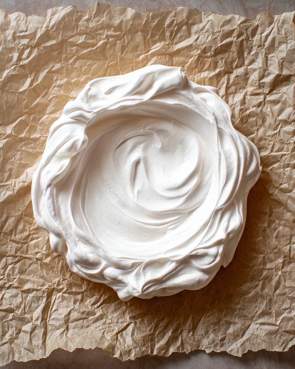 A single thick layer of smooth, white meringue is spread in a circular shape on crinkled parchment paper, with swirled peaks and soft folds creating texture all around the edges and slightly raised in the center. The meringue has a glossy, creamy look, almost cloud-like in appearance. The parchment paper underneath is light brown with many wrinkles and creases, adding a rustic contrast to the pure white of the meringue. photo taken with an iphone --ar 4:5 --v 7