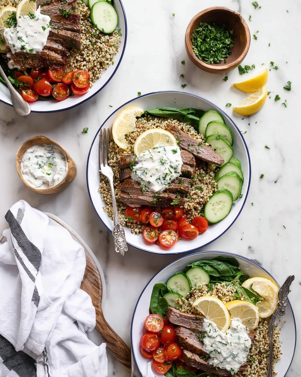 Three white plates with blue rims are arranged on a white marbled surface, each holding a layered meal. The bottom layer is a bed of green spinach leaves, followed by a mound of cooked grain that looks like quinoa. To one side, there are slices of cucumber that are light green with a smooth texture, and next to those are halved bright red cherry tomatoes. On top of the grains, there is a large dollop of white sauce with a creamy texture. Resting angled over the sauce are several strips of grilled steak that show a brown seared outside and a slightly pink inside. Thin slices of lemon add a touch of yellow and freshness between the veggies and meat. Scattered finely chopped green herbs cover parts of the food and the surface. A silver fork with decorative handle sits on one plate while a woman's hand holds a plate near the top. A wooden spoon with white sauce is on the marble background, along with a small wooden bowl of chopped green herbs. A folded white cloth with black stripes is near the top corner. photo taken with an iphone --ar 4:5 --v 7
