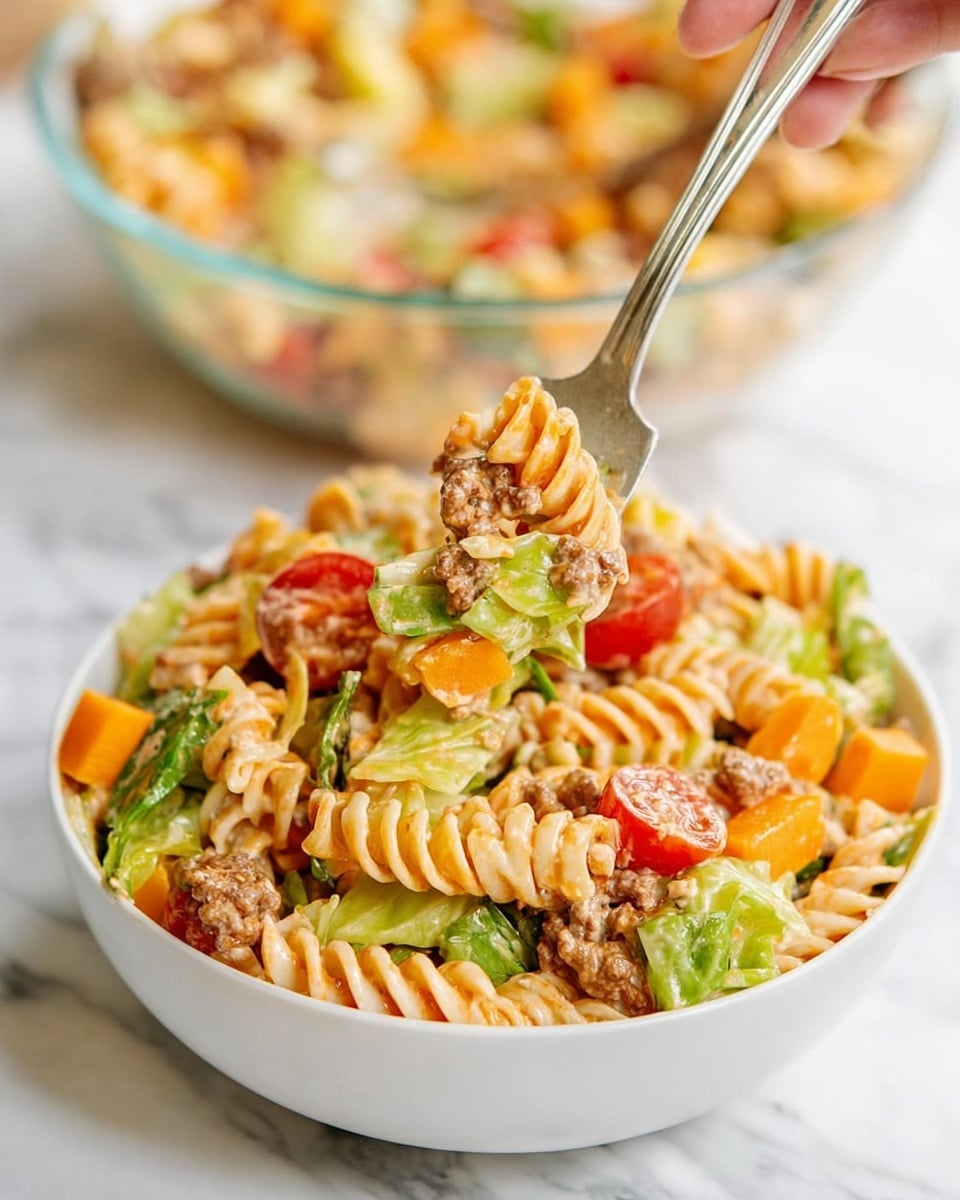 A white bowl filled with a colorful pasta salad sits on a white marbled surface. The salad has three main layers: the base layer is spiral-shaped pasta coated lightly in a creamy sauce with an orange tint; the middle layer contains small chunks of bright green lettuce and orange cubes that look like cheese; the top layer features halved red cherry tomatoes and scattered pieces of browned ground meat. A woman's hand holds a silver fork lifting a mix of pasta, lettuce, tomatoes, and meat from the bowl. In the background, a clear glass bowl holds more of the salad, slightly blurred. Photo taken with an iphone --ar 4:5 --v 7