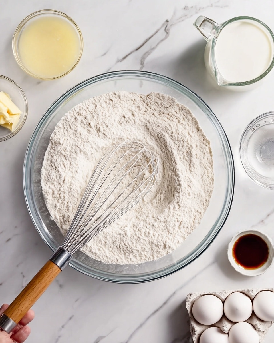 A large clear glass bowl sits in the middle filled with white flour with a silver whisk having a wooden handle placed inside. Surrounding the bowl on a white marbled surface are several ingredients: melted butter in a small glass bowl at the top left, a clear glass pitcher with milk, a glass measuring cup with a white liquid near the top right, a small white dish holding dark vanilla extract with a small silver spoon, and a small carton holding three white eggs to the right. A woman's hand holds the whisk at the bottom left corner. Photo taken with an iphone --ar 4:5 --v 7