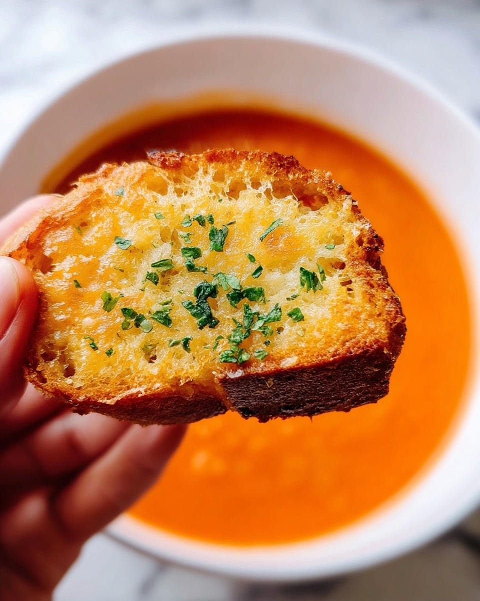 A close-up of a woman's hand holding a toasted bread piece topped with small chopped green herbs and a golden-brown, crispy texture. The bread is in front of a bowl filled with smooth, bright orange soup that fills the white bowl almost to the top. The background is a white marbled texture. photo taken with an iphone --ar 4:5 --v 7