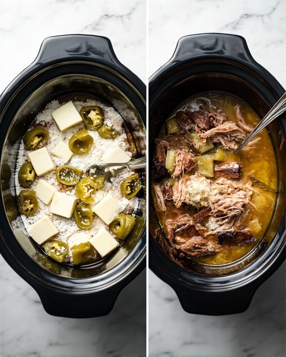 The image shows two side-by-side shots inside a black slow cooker on a white marbled surface. The left side shows the raw dish with a bottom layer of pale meat topped with whole green peppers scattered around, cubed butter pieces, and a dusting of white flour spread over the ingredients. The right side shows the cooked dish with the meat darkened and pulling apart as two silver forks shred it, surrounded by softened green peppers and a layer of golden liquid sauce covering the bottom. photo taken with an iphone --ar 4:5 --v 7