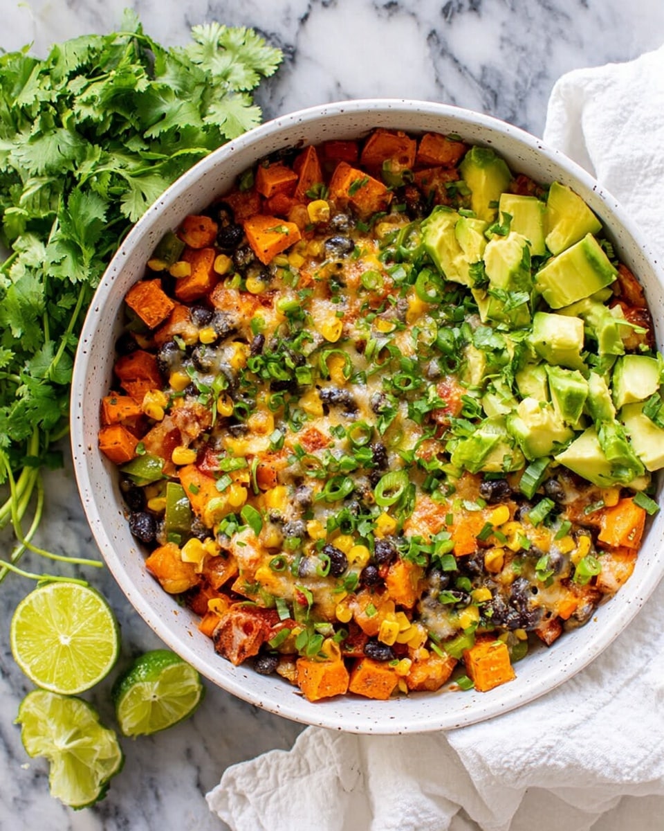 A white bowl filled with a colorful mix of small diced orange sweet potatoes, black beans, yellow corn, green bell peppers, and light green avocado cubes. The dish is topped with melted cheese and sprinkled with chopped green onions and fresh cilantro leaves. On the left side of the bowl, there are fresh cilantro sprigs and bright green lime wedges. The bowl is placed on a white marbled texture with a white cloth partially visible nearby. photo taken with an iphone --ar 4:5 --v 7
