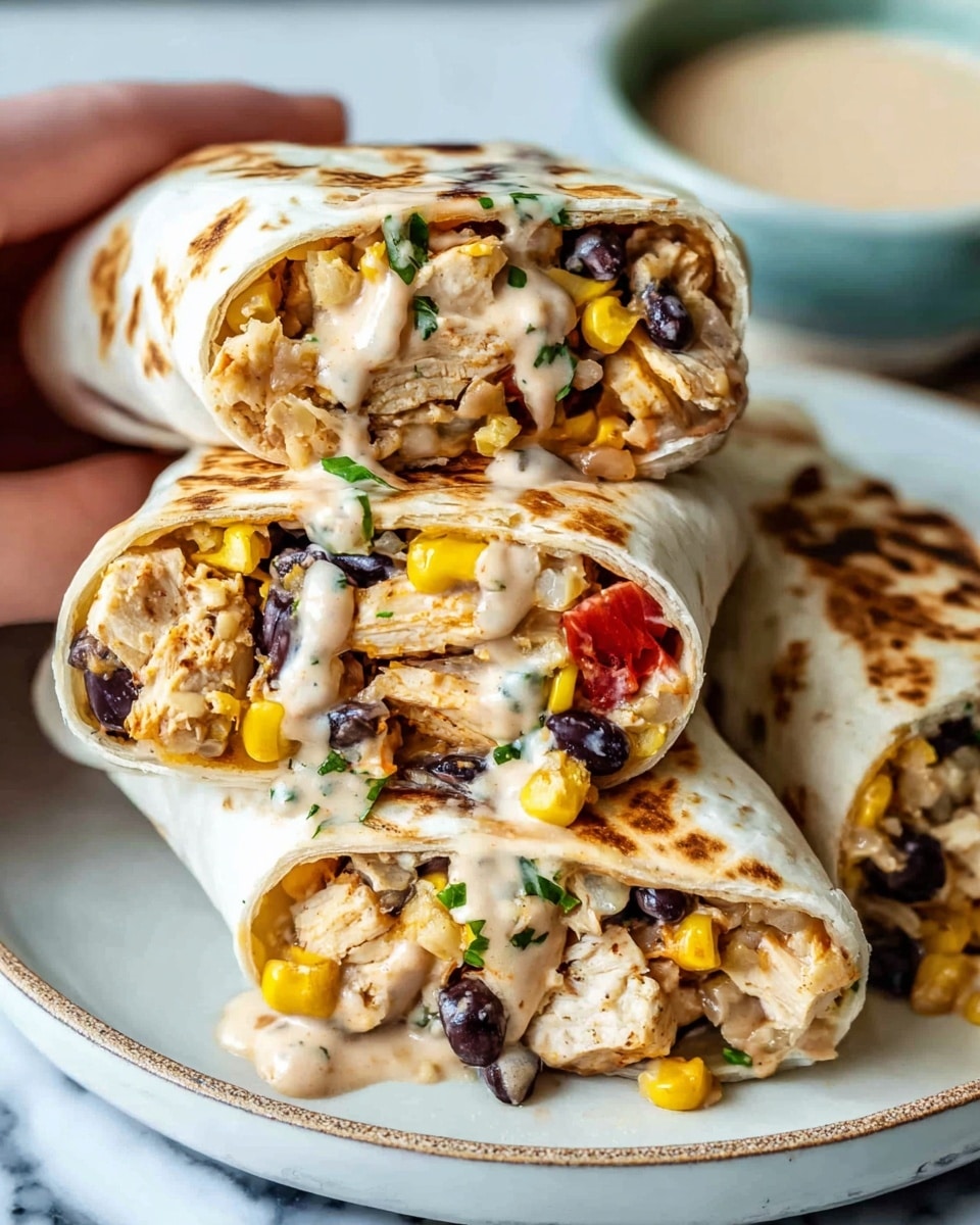 The image shows a close-up of three burrito halves stacked on a white plate, each with a soft white tortilla wrap that is lightly toasted with brown spots. Inside, layers of tender light brown chicken pieces, black beans, yellow corn kernels, small red tomato chunks, and some green herbs are visible. There is a creamy light beige sauce with green flecks drizzled over the top inside the burrito. The plate sits on a white marbled surface, and a woman's hand is partially visible holding a burrito. In the background, a pale blue bowl holds a creamy sauce. Photo taken with an iphone --ar 4:5 --v 7