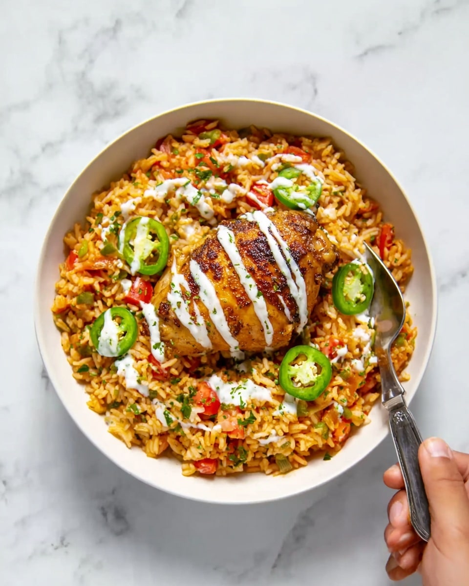 A white bowl filled with orange-colored rice mixed with red tomato pieces and green herbs. On top, there is a whole golden-brown cooked chicken thigh placed in the middle. The chicken is drizzled with white sauce in thin lines, and green round slices of jalapeño peppers are placed on the sauce and around the chicken. A silver spoon held by a woman's hand is at the edge of the bowl on a white marbled surface. photo taken with an iphone --ar 4:5 --v 7