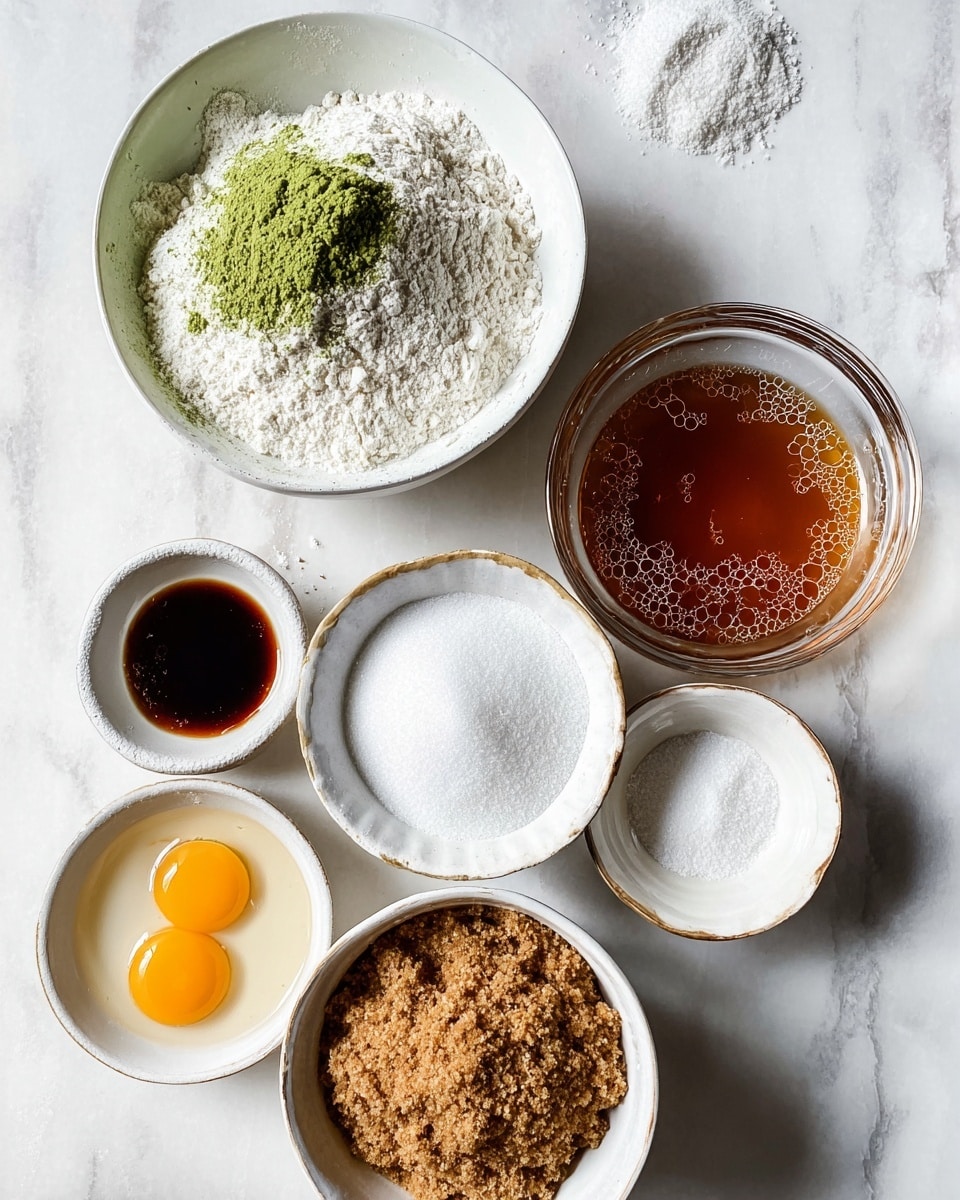 The image shows six bowls with different baking ingredients placed on a white marbled surface. At the top left is a white bowl filled with white flour and a green powder placed over it in a small pile, along with a pinch of white powder near the flour's edge. To the right is a clear glass bowl containing amber-colored liquid with some bubbles on the surface. Below the glass bowl, a smaller white bowl holds white granulated sugar, and next to it on the left is a tiny bowl with dark brown liquid. At the bottom right, a white bowl is filled with light brown sugar that has a coarse texture. At the bottom left, a white bowl decorated around the edge holds two raw eggs with bright yellow yolks and clear whites. The bowls are arranged in a loose circle, and the overall scene has a clean and bright look. photo taken with an iphone --ar 4:5 --v 7