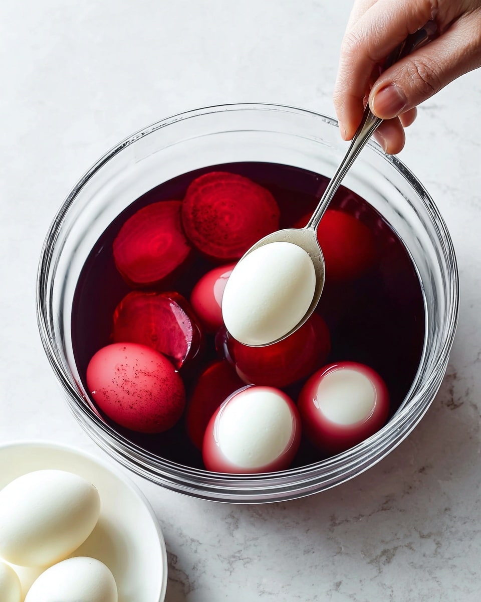 A clear round glass bowl sits on a white marbled surface filled with dark red liquid and several whole white eggs submerged inside. Thin, round slices of a reddish vegetable float in the liquid, blending partially with the color. A woman's hand holds a silver spoon lifting one white egg above the bowl, showing its smooth surface. In the bottom left corner, a white plate holds two more whole white eggs, giving a soft contrast to the deep red color in the bowl. Photo taken with an iphone --ar 4:5 --v 7