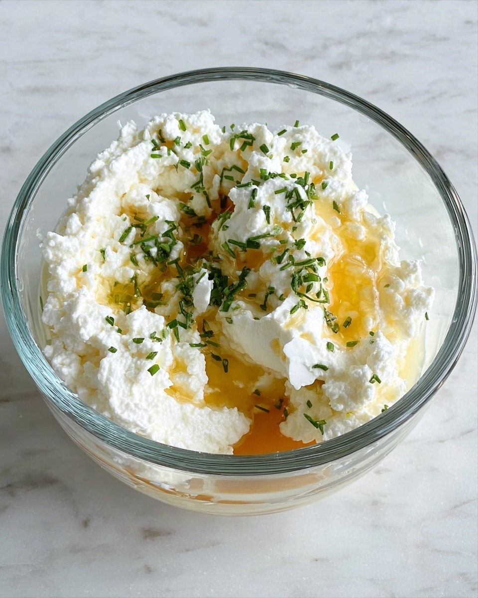 A clear glass bowl is filled with one main layer of fluffy, white cottage cheese with a soft, grainy texture, topped with drizzles of golden honey that pools slightly and fresh green herbs scattered lightly on top. The bowl sits on a white marbled surface. Photo taken with an iphone --ar 4:5 --v 7