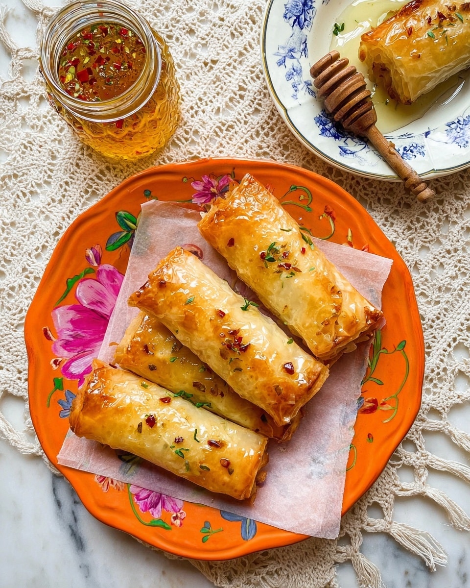 The image shows four golden-brown pastry rolls with crispy, flaky layers on white parchment paper on a bright orange plate with floral designs. The rolls have small green herb leaves and red chili flakes sprinkled on top, adding color and texture. To the top right, there is a white plate with a blue floral pattern holding a rolled pastry next to a wooden honey dipper with honey drips. Above the orange plate, a glass jar contains a golden liquid with red chili flakes and herbs inside. The whole setup is on a white marbled surface with a crocheted cream table cover underneath the dishes. photo taken with an iphone --ar 4:5 --v 7
