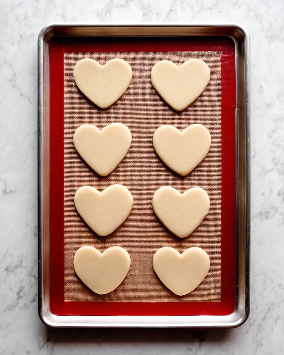 The image shows a metal baking tray with a red silicone mat placed on a white marbled surface. On the mat, there are eight evenly spaced heart-shaped cookie dough pieces arranged in four rows and two columns. Each cookie piece has a smooth, light beige color and a flat texture that looks ready to bake. The overall setup looks clean and neat. photo taken with an iphone --ar 4:5 --v 7