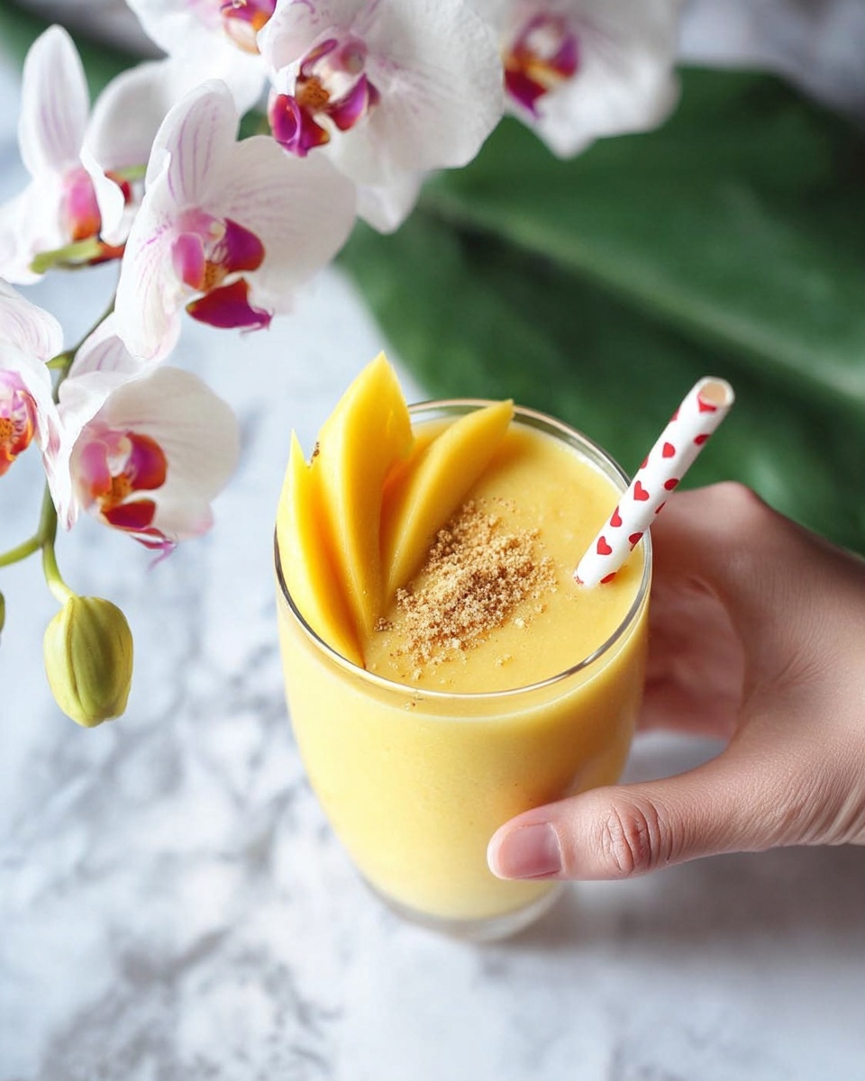Coconut Mango Lassi Recipe 5 Two clear glasses sit on a round wooden board with rough bark edges, each filled with a thick yellow drink. Each glass has a white straw with small red designs and a slice of yellow fruit on top. The background shows a blurry green plant with white and pink flowers and a soft dark backdrop. The surface underneath the board is a white marbled texture. photo taken with an iphone --ar 4:5 --v 7