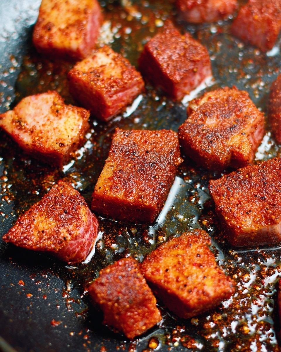 The image shows several pieces of meat with a reddish-brown spice coating frying in a pan. Each piece is cut into roughly square or triangular shapes, showing pinkish centers with a spiced crust on the outside. The pan has a dark base with some shiny oil around the meat, giving a glossy look. The spice on the meat is uneven, giving a textured and slightly rough surface. All pieces are spread out evenly in the pan, some slightly overlapping photo taken with an iphone --ar 4:5 --v 7