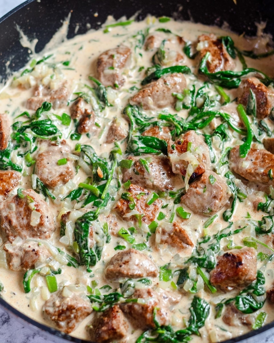 A close-up view of a black pan filled with chunks of browned meat pieces in a creamy white sauce mixed with light green and bright green fresh spinach leaves, scattered chopped onions, and herbs. The creamy sauce has a smooth texture with small bits of cooked onion and seasoning throughout, covering the meat and greens evenly. The background is a white marbled texture. photo taken with an iphone --ar 4:5 --v 7