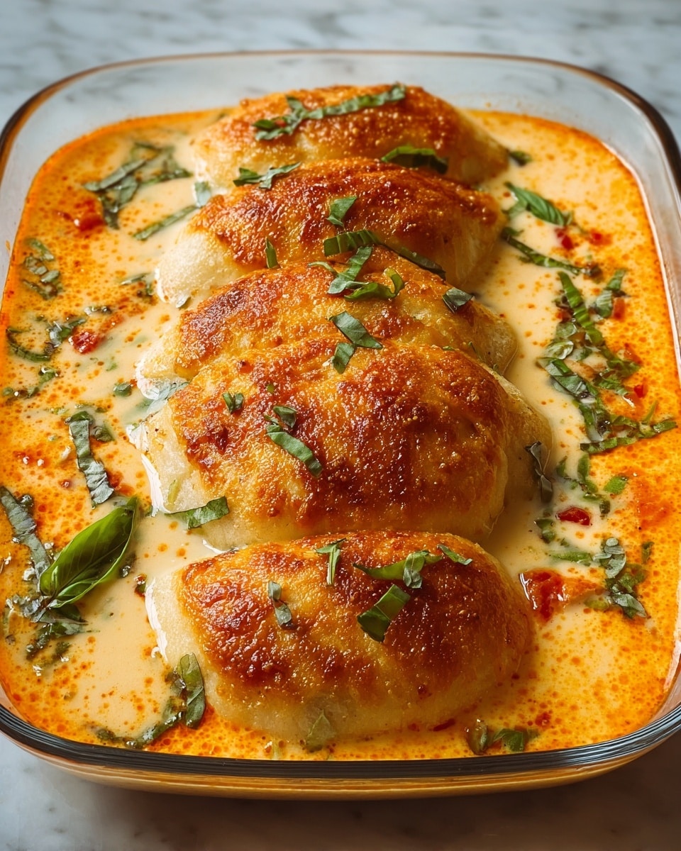 The image shows a clear glass baking dish filled with eight golden-brown baked rolls arranged in two neat rows of four. The rolls have a slightly shiny, textured surface with a light melted cheese layer on top. A creamy, white sauce surrounds the rolls, filling the dish nearly to the brim. A few small green herb pieces are scattered across the rolls and sauce, adding a touch of color. The dish rests on a white marbled surface. photo taken with an iphone --ar 4:5 --v 7