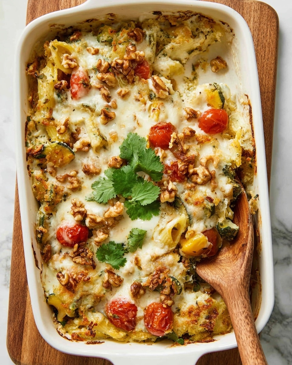 The image shows a white rectangular baking dish filled with pasta coated in a light green pesto sauce. The pasta is penne, mixed with small pieces of grilled chicken and halved cherry tomatoes, all evenly spread throughout. The texture looks creamy from the sauce, with a few visible flecks of herbs and cheese on top. The dish sits on a white marbled surface. photo taken with an iphone --ar 4:5 --v 7