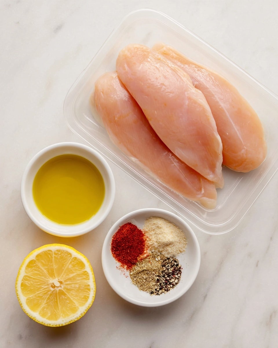 The image shows two raw chicken filets placed side by side in a clear plastic tray on a white marbled surface. Below the tray, there are two lemon halves with a bright yellow color and juicy texture. Next to the lemons, there are two small white bowls: one filled with golden olive oil and the other containing a mix of spices including red paprika, black pepper, salt, and a light tan powder. The setup is simple and clean with a bright, natural light highlighting the fresh ingredients photo taken with an iphone --ar 4:5 --v 7