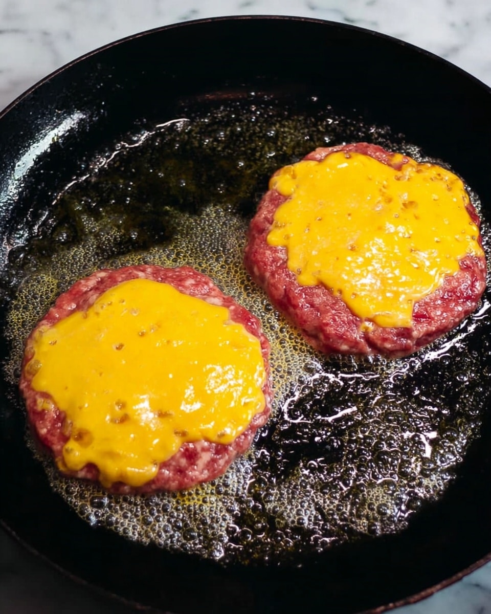 In the image, two raw burger patties are cooking in a black pan filled with oil bubbles. Each patty is round and pinkish-red with bright yellow melted cheese spread unevenly over the top surfaces. The patties sit side by side with some space between them, and the pan's dark surface provides a shiny contrast to the colorful patties and cheese. The background is a white marbled texture. photo taken with an iphone --ar 4:5 --v 7