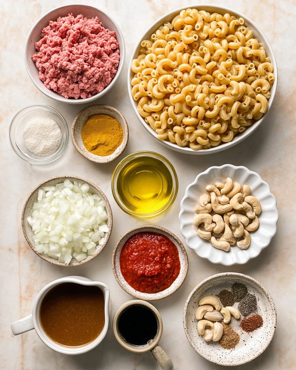 A top view of different ingredients arranged neatly on a white marbled surface, including a large white bowl filled with uncooked elbow macaroni pasta at the center, a white bowl with pink ground meat on the upper left, a white bowl of chopped white onions at the bottom left, a small bowl containing olive oil to the right of the onions, a speckled bowl with whole cashews to the upper right, a small bowl with rich red tomato paste below the cashews, a cup of brown broth with a handle at the bottom right, a small bowl with minced garlic just above the onions, a light brown bowl with yellow powder toward the left, a small round bowl with black soy sauce near the top center, and a white scalloped bowl with various dry spices arranged in small piles on the upper right, all displayed with clear textures and colors, photo taken with an iphone --ar 4:5 --v 7